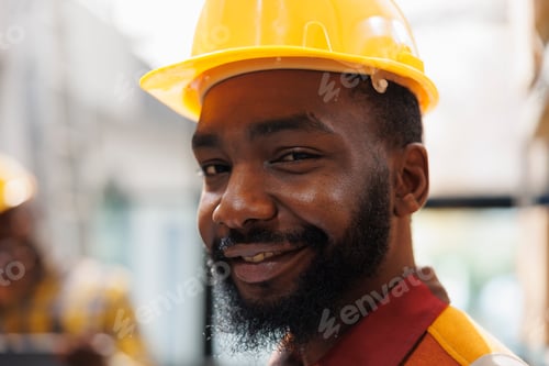 Preview: Smiling african american handyman wearing yellow hard hat portrait