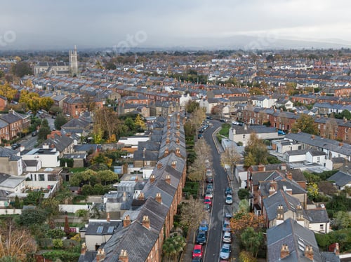 Preview: Street and house in the suburbs of Dublin, Ireland, Aerial view