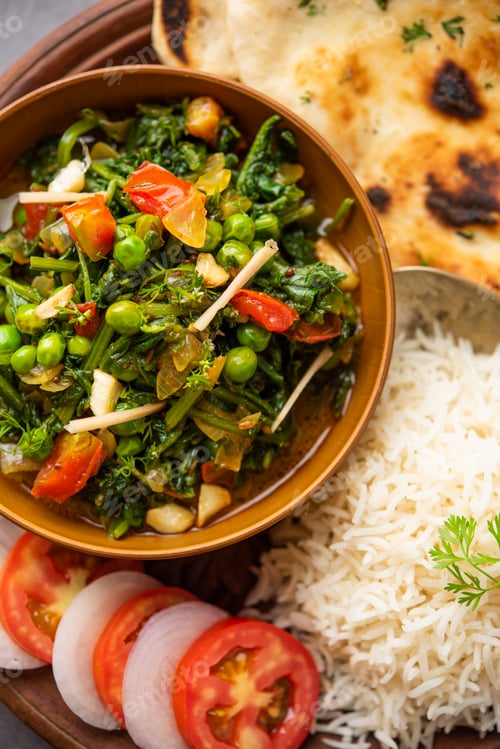 Preview: palak matar curry also known as spinach geen peas masala sabzi or sabji, indian food