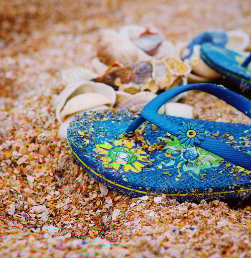 Preview: Blue Flip-Flops and Seashells on a Sandy Beach