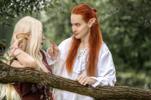 Preview: An elf man and an elf woman are standing near a tree. A pair of stunning detailed elven fantasies
