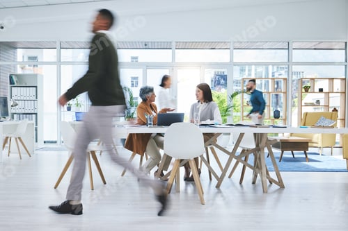 Preview: Business people, walking and busy in meeting, planning and collaboration in office or workspace for