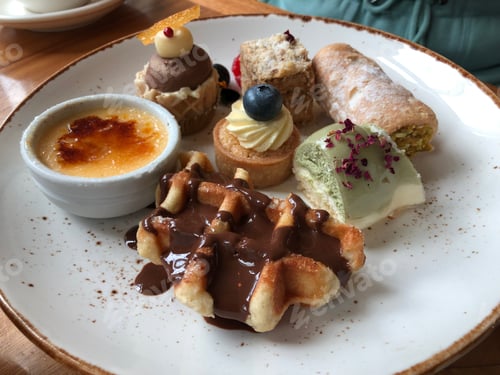 Preview: A plate of mini sweet cakes and pastries for dessert.