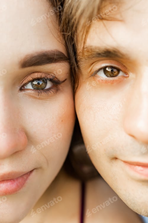 Preview: Two halves of the faces of a man and a woman close-up. Photography, concept, idea.