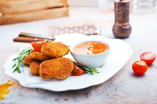 Preview: Crispy Nuggets and Dip on a White Plate
