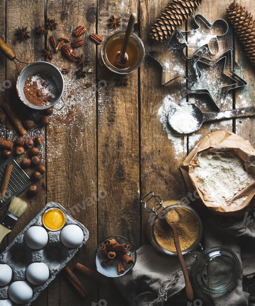 Preview: Christmas holiday cooking and baking ingredients on wooden background