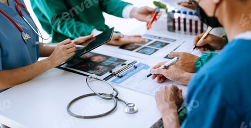 Preview: Medical team having a meeting with doctors in white lab coats and surgical scrubs seated at a table