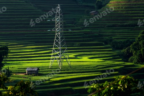 Preview: Electric pole setting beside with traditional house over the Rice fields terraced of Mu Cang Chai