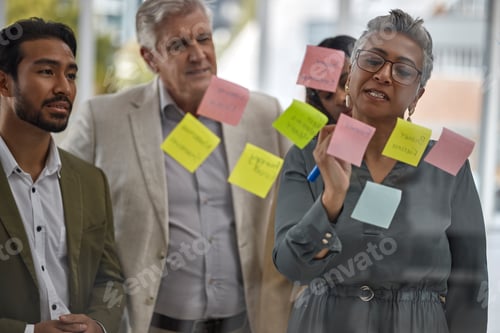 Preview: Meeting, planning and glass with a senior woman leading a presentation in a boardroom for company s