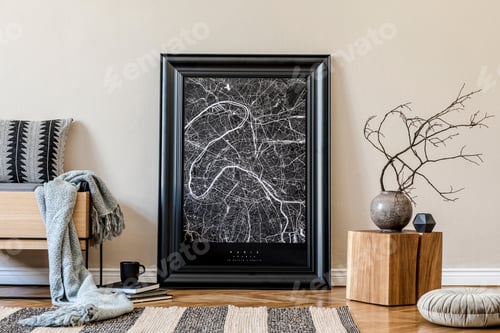 Preview: Creative composition of cozy and creative hall interior design with black mock up poster frame.