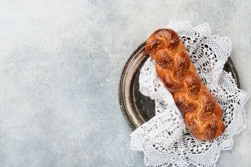 Preview: Sabbath kiddush ceremony composition. Challah bread. Freshly baked homemade braided challah bread fo