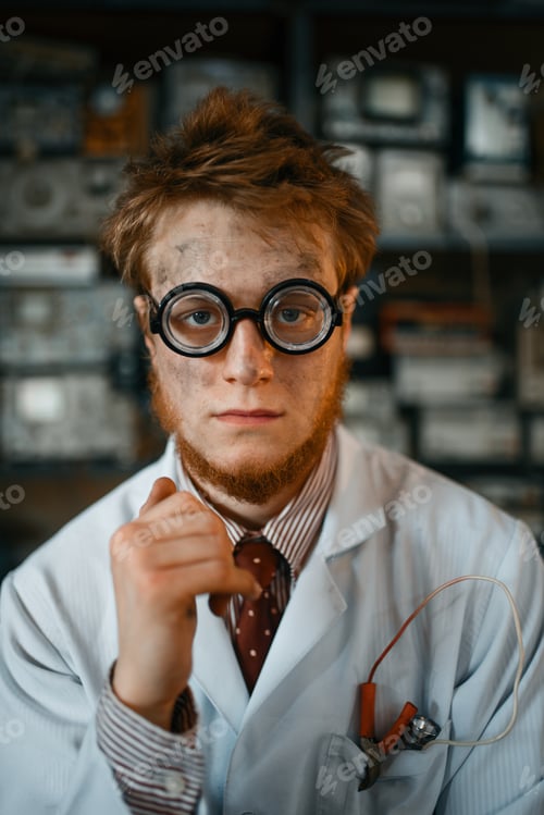 Preview: Portrait of strange male scientist in glasses