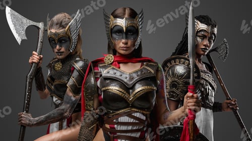 Preview: Three antique warriors women armed with cold steel