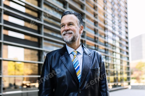 Preview: Cheerful portrait of smiling senior business man standing outdoors