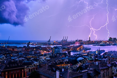 Preview: Evening view of Genoa port with thunderstorm and lighting, Italy