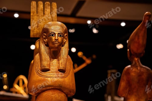 Preview: Royal Golden Statue Of Ancient Egyptian Pharaoh, Ancient Exhibit In Museum