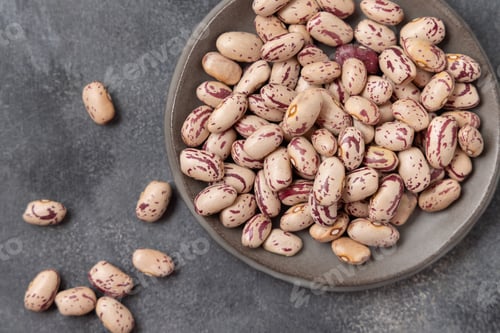 Preview: Plate full of dried pinto beans on gray top view, copy space. Traditional Latin American legumes