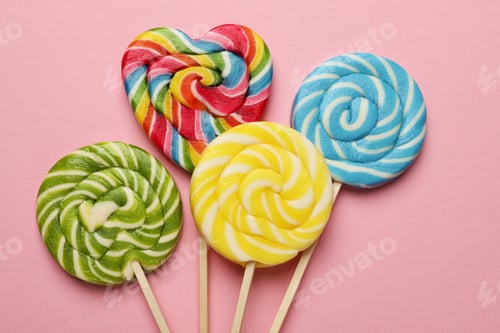 Preview: Tasty lollipops on pink background, flat lay