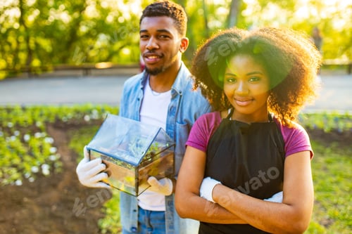 Preview: afro american couple gardening outdoors at sunset sunny spring day