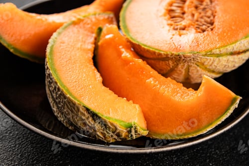 Preview: Melon Charente ripe sweet fruit tasty snack fresh delicious gourmet food background on the table