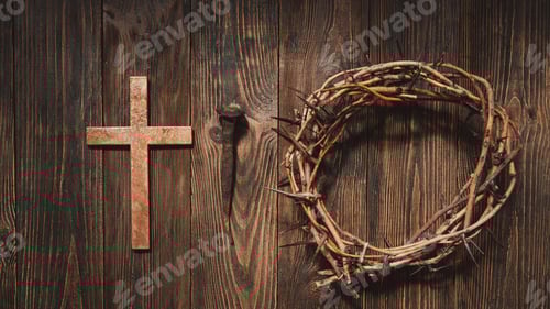 Preview: Jesus Crown Thorns and nails and cross on a wood background. Easter Day