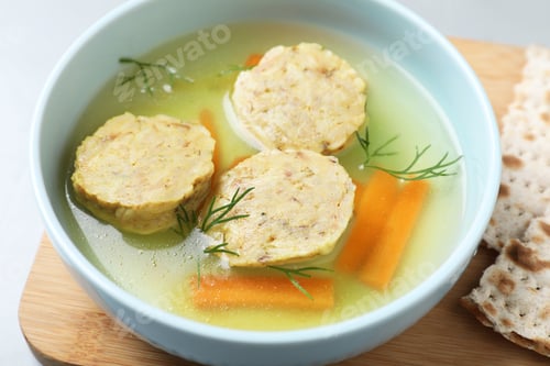 Preview: Board with bowl of Jewish matzoh balls soup on table, closeup