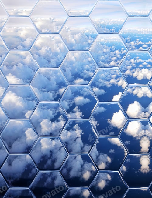 Preview: Aerial view to cloudy sky with honeycomb pattern