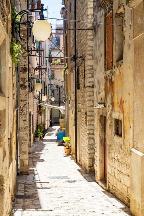 Preview: Small narrow street in the old town of sibenik in croatia. Sibenik Tourist city by the Adratic sea