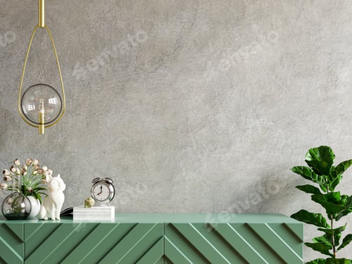 Preview: Mockup concrete wall with ornamental plants and decoration item on cabinet.