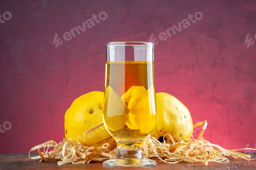 Preview: front view quince juice with fresh quinces on dark-pink background fruit plant diet food tree color