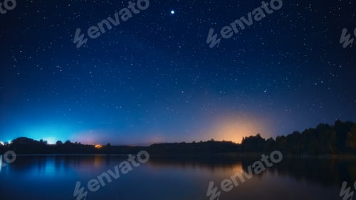 Preview: Real Colorful Night Stars Above Lepel Lake. Natural Starry Sky Background Backdrop Landscape