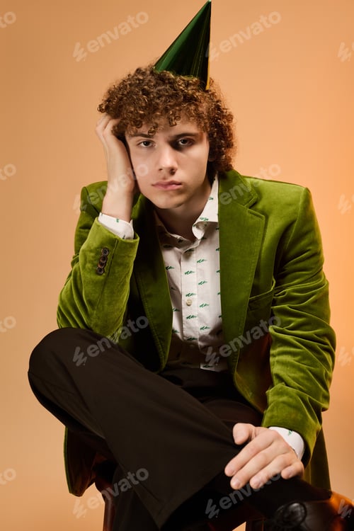 Preview: A stylish teenage boy wearing a green velvet blazer sits thoughtfully in a studio