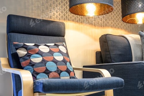 Preview: Blue Soft Chair With Pillow, High Back Reading Lamp Above The Head. Living Room Interior.