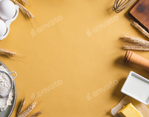 Preview: Frame of food ingredients for baking on a yellow background