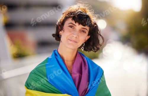 Preview: Love, freedom and portrait of woman with pride flag in city, happy non binary lifestyle of equality