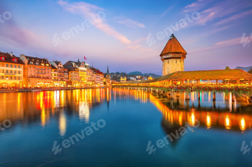 Preview: Breathtaking city center of Lucerne with famous buildings and old wooden Chapel Bridge