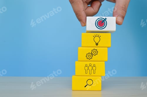 Preview: Wooden cube block with business success achievement symbols