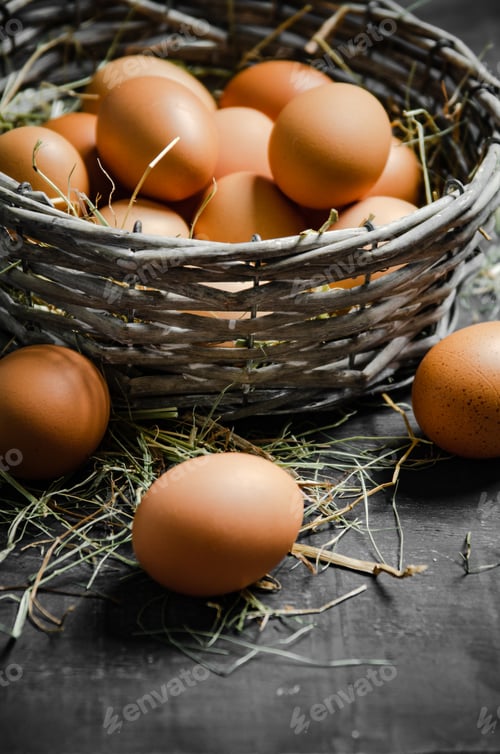 Preview: Fresh chicken eggs in basket.