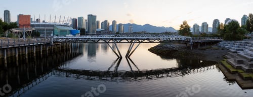 Preview: Panaramic view of a steel bridge in False Creek with Vancouver Downtown
