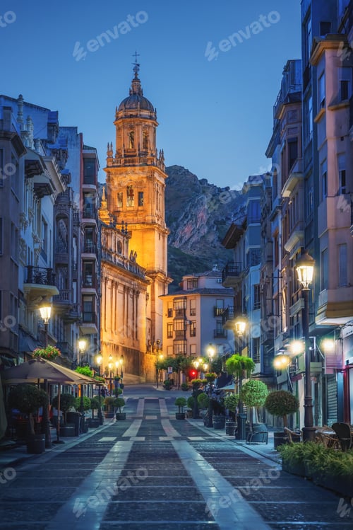 Preview: Bernabe Soriano Street and Jaen Cathedral at Night - Jaen, Spain