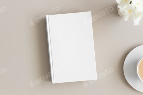 Preview: White book mockup with a cup of coffee and oleander on the beige table.