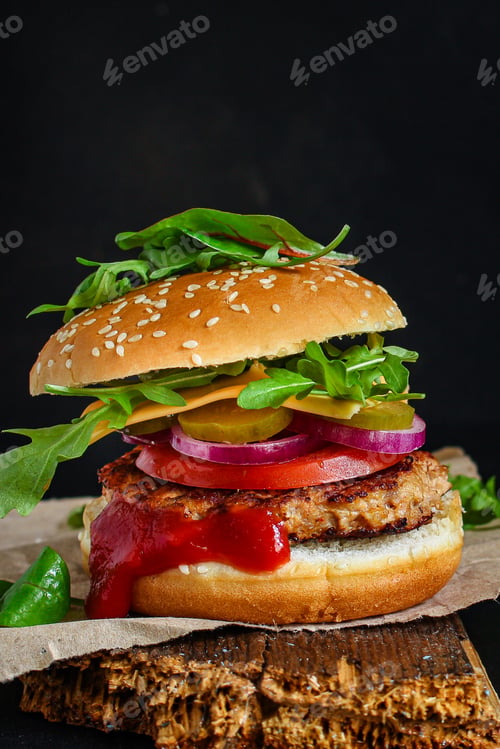 Preview: Burger Meat Cutlet Beef Steak, Tomato, Sauce And Lettuce (Tasty Meat Snack Sandwich) Menu Concept