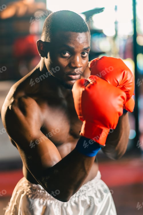 Preview: Muscular african american male boxer wearing boxing gloves, Sports workout and bodybuilding