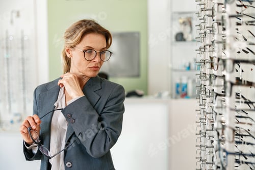 Preview: Businesswoman trying to choose glasses standing near a showcase in ophthalmic store