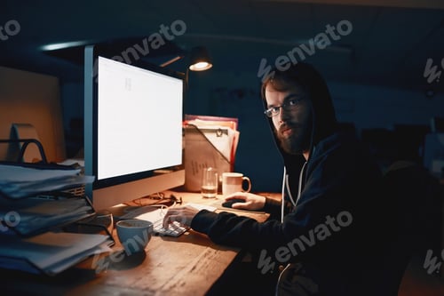 Preview: Cropped portrait of a young computer programmer working late in the office