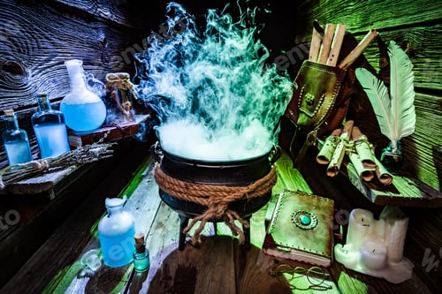 Preview: Mysterious witch pot with blue and green smoke for Halloween