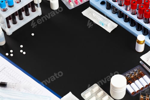 Preview: Coronavirus diagnostic and treatment concept. Laboratory table close up