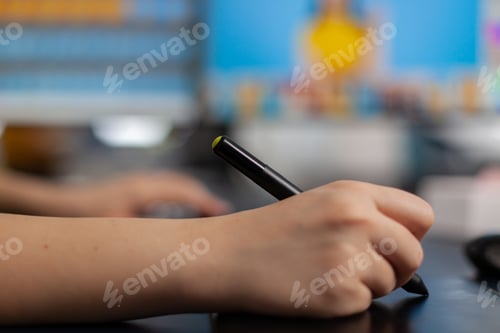 Preview: Close up of color designer woman retoucher editing customer photo