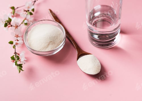 Preview: Collagen powder in wooden spoon, supplement, healthy and anti age concept