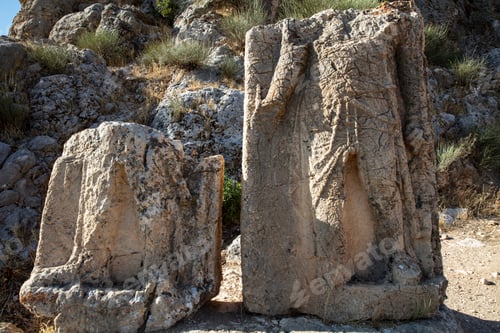 Preview: Historic Arsameia ruins in Eastern Turkey. King Antiochus of Commagene shaking hands with Heracles.